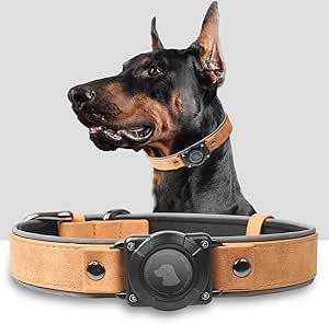 AirTag Leather Dog Collar with Air Tag Holder | IPX8 Waterproof Reflective Premium Padded Soft Adjustable | GPS Tracking Collar for Medium Large Dogs (Brown