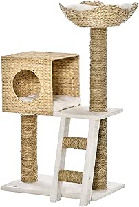 PawHut Cat Tree Scratching Post Height 100.5 cm with Cushions and Ladder Activity Centre Cattail Poles